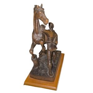 1972 Elegant Brown Horse and Rider Sculpture Made of Wood
